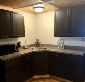 A kitchen with dark cabinets and light counters.